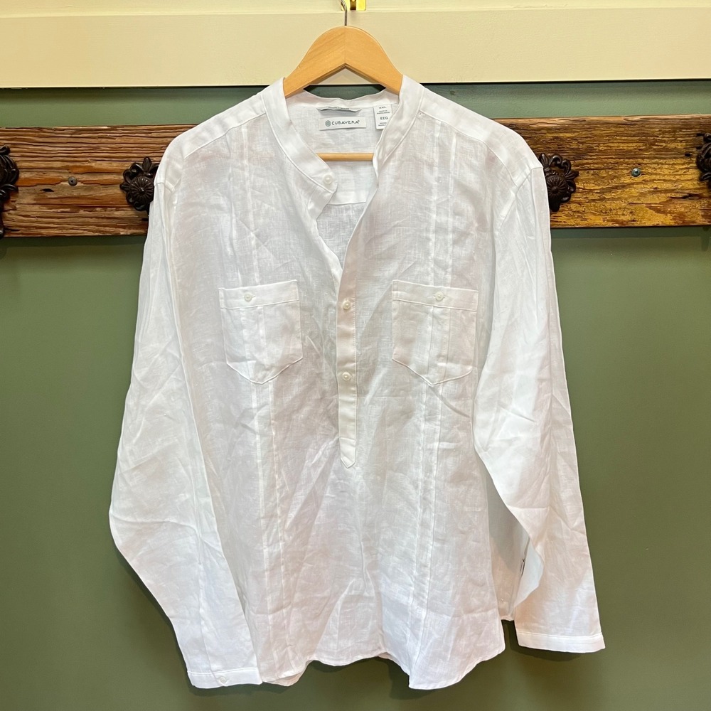 Cubavera White 100% Linen Guayabera Band Collar Popover Shirt XXL Long Sleeve